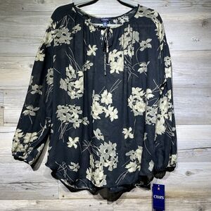 Chaps Peasant Top Size Large Semi Sheer Chiffon Black Beige Floral Boho Romantic